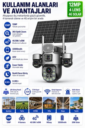 TK-S1447 12MP 4 Kameralı 36X Optik Zoom 4G eSIM Solar PTZ Kamera – 32000mAh Batarya 20W Panel