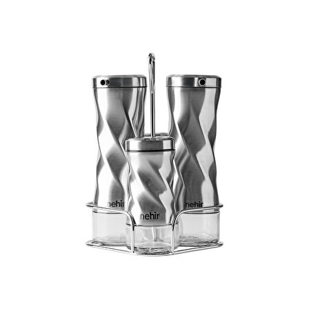NEHİR BURGULU STANDLI 4 PARÇA YAĞDANLIK VE BAHARATLIK SETİ PASLANMAZ ÇELİK 105-260ML