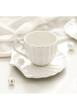 Nehir Perla 6 Kişilik 12 Parça Porselen Kahve Fincan Takımı Beyaz