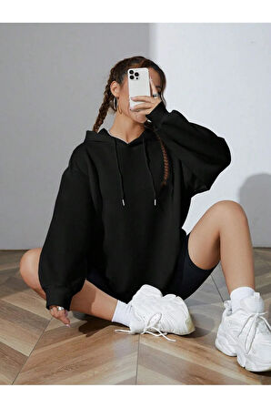 Kadın Siyah Baskısız Kapüşonlu Sweatshirt Hoodie