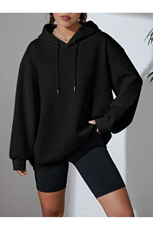 Kadın Siyah Baskısız Kapüşonlu Sweatshirt Hoodie