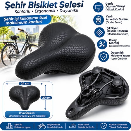Şehir Bisiklet Selesi - Bisiklet Oturağı Geniş Yaylı Siyah Desenli 20CM X 24CM