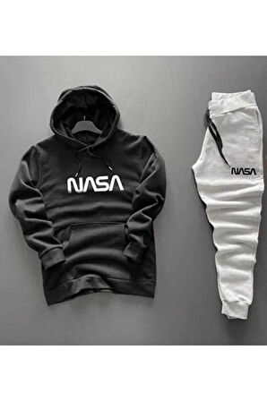 3 Iplık Unisex Nasa Yazılı Siyah Kapüşonlu Gri Eşofman Takımı