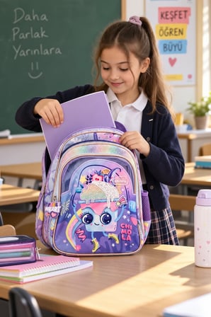 Okul Sırt Çantası Cupcake Mor 3 Bölmeli Ortopedik Matara Cepli 40x26x19cm