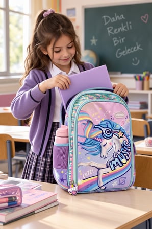 Okul Sırt Çantası Pullu Unicorn 3 Bölmeli Ortopedik Matara Cepli 40x27x12cm