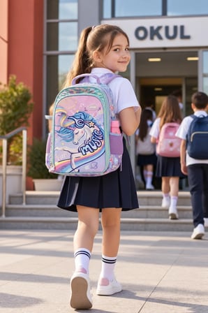 Okul Sırt Çantası Pullu Unicorn 3 Bölmeli Ortopedik Matara Cepli 40x27x12cm