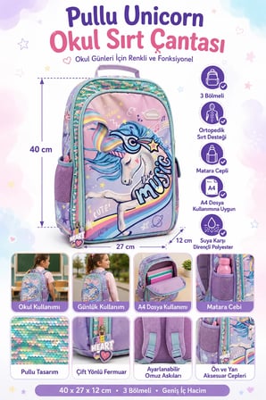 Okul Sırt Çantası Pullu Unicorn 3 Bölmeli Ortopedik Matara Cepli 40x27x12cm