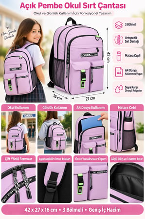Okul Sırt Çantası Açık Pembe 3 Bölmeli Ortopedik Matara Cepli 42x27x16cm