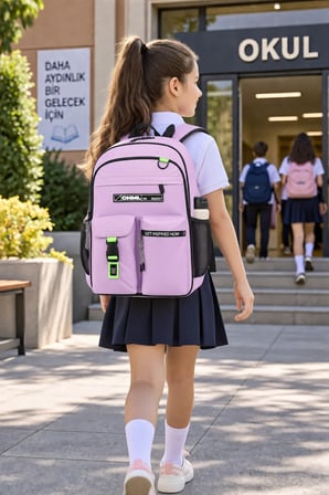 Okul Sırt Çantası Açık Pembe 3 Bölmeli Ortopedik Matara Cepli 42x27x16cm