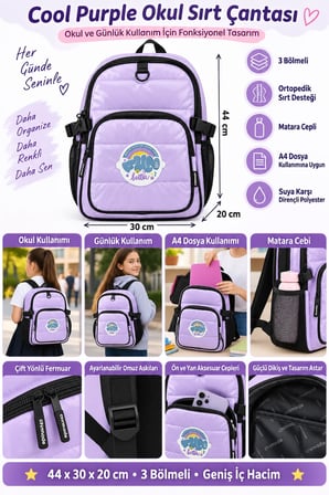Okul Sırt Çantası Cool Purple 3 Bölmeli Ortopedik Matara Cepli 44x30x20cm