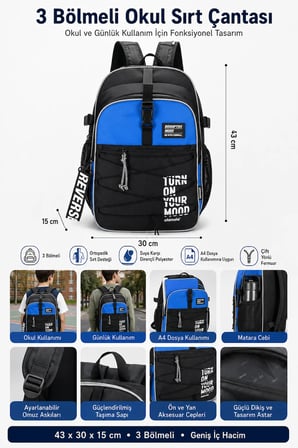 Okul Sırt Çantası Hiking Blue 3 Bölmeli Ortopedik Suya Dirençli 43x30x15 cm