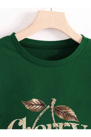 Unisex Leopar Desenlı Vişne Baskılı Tasarım Tshirt