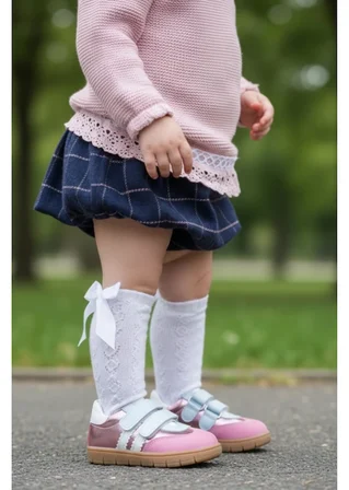 Pembe Hakiki Deri Tam Ortopedik Çizgili Bebek Ayakkabısı