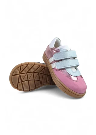 Pembe Hakiki Deri Tam Ortopedik Çizgili Bebek Ayakkabısı
