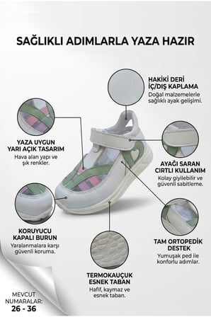 Tam Ortopedik Hakiki Deri Yarı Açık Kız Sandalet Beyaz