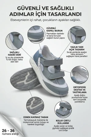 Ortopedik Destek Hakiki Deri Kaymaz Taban Erkek Çocuk Sandalet Buz Mavisi