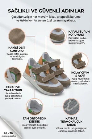 Ortopedik Destek Hakiki Deri Kaymaz Taban Erkek Çocuk Sandalet Haki