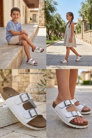 Hakiki Deri Ortopedik Taban Unisex Çocuk Terlik Beyaz