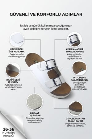Hakiki Deri Ortopedik Taban Unisex Çocuk Terlik Beyaz