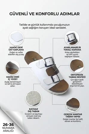Hakiki Deri Ortopedik Taban Unisex Çocuk Terlik Beyaz