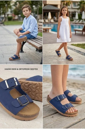 Hakiki Deri Ortopedik Taban Unisex Çocuk Terlik Lacivert