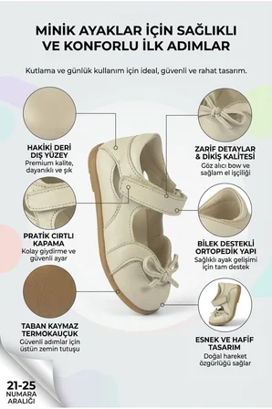 Hakiki Deri Termokauçuk Kaymaz Taban Kız Bebe Babet Bej