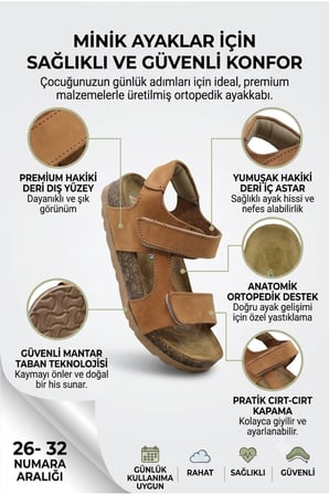 Ortopedik Hakiki Deri Mantar Taban Cırtlı Sandalet Kahverengi