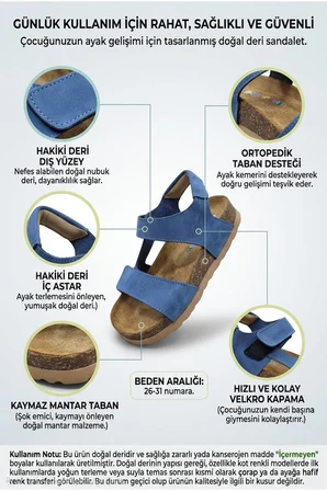 Ortopedik Hakiki Deri Mantar Taban Cırtlı Sandalet Mavi