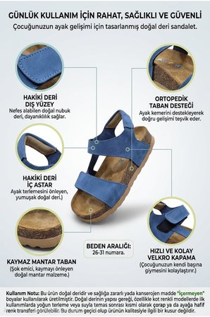 Ortopedik Hakiki Deri Mantar Taban Cırtlı Sandalet Mavi