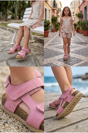 Ortopedik Hakiki Deri Mantar Taban Cırtlı Sandalet Pembe