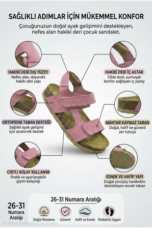 Ortopedik Hakiki Deri Mantar Taban Cırtlı Sandalet Pembe