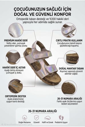Ortopedik Hakiki Deri Mantar Taban Cırtlı Sandalet Rose Gold