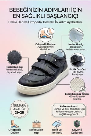 Ortopedik Taban Hakiki İç Dış Deri Bebe Ayakkabı Siyah