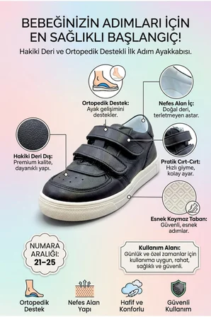 Ortopedik Taban Hakiki İç Dış Deri Bebe Ayakkabı Siyah
