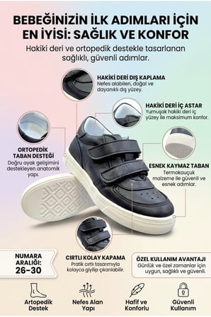 Ortopedik Taban Hakiki İç Dış Deri Çocuk Ayakkabı Siyah