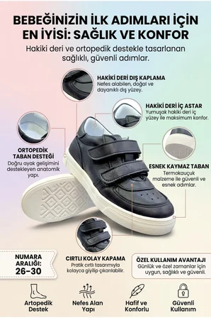 Ortopedik Taban Hakiki İç Dış Deri Çocuk Ayakkabı Siyah
