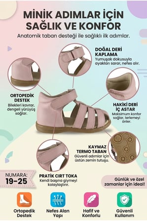 Ortopedik Bilek Destekli Kaymaz Tabanlı İlk Adım Bebe Ayakkabı pembe