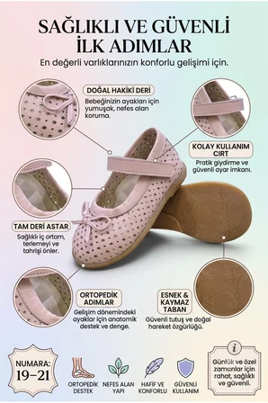Ortopedik Doğal Deri Cırtlı İlk Adım Kız Babet Pembe
