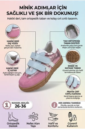 Hakiki İç Dış Deri Tam Ortopedik Cırtlı Kız Çocuk Ayakkabı