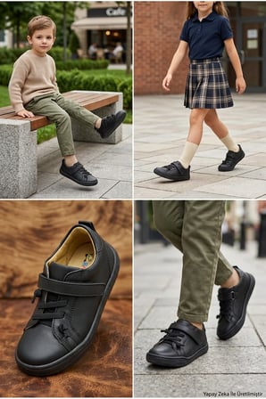 Ortopedik Taban Hakiki İç Dış Deri Kaymaz Taban Esnek Unisex Çocuk Ayakkabı Siyah