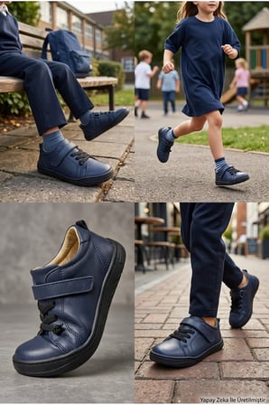 Ortopedik Taban Hakiki İç Dış Deri Kaymaz Taban Esnek Unisex Çocuk Ayakkabı Lacivert