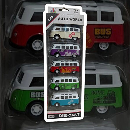 DIE CAST AUTO WORLD 1:55 ÖLÇEK VOLKSWAGEN VAN SAMBA 5 Lİ SET METAL ÇEK BIRAK ARABALAR