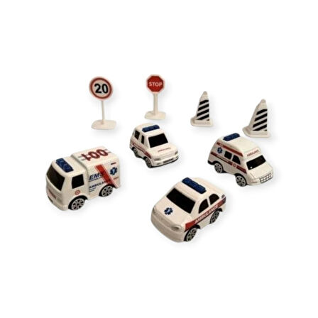İş Makinaları 8 Parça Araç Seti - Ambulans Seti