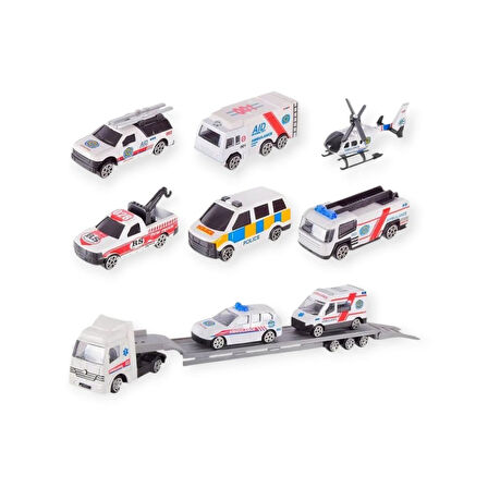10 Parça Araç Taşıyan Tır Seti - Die Cast - DS047 - Ambulans