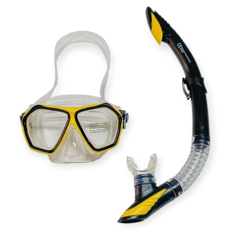 Tempered Camlı Premium Silikon Dalış Maskesi ve Snorkel Yetişkin - Sarı