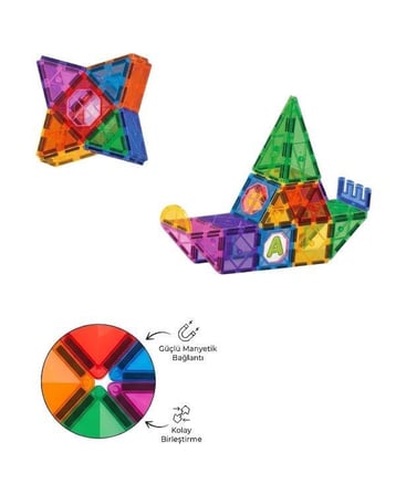 KZL Kids Home Renkli Manyetik Yapı Blokları ve Araç Seti 7.5 cm 59 Parça 188M81