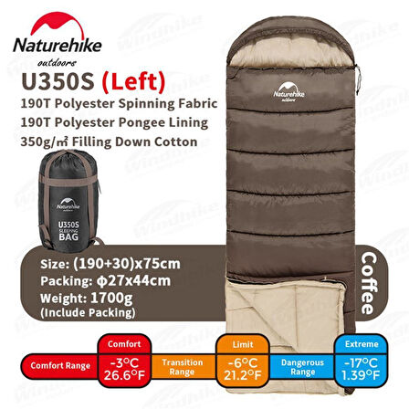 Naturehike U350S Zarf Tarzı Kapüşonlu Uyku Tulumu -17°C KAHVERENGİ-Left