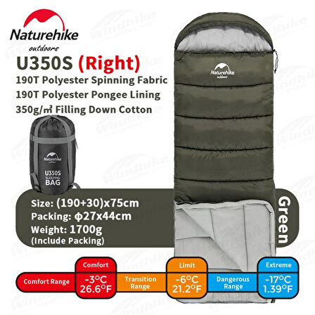 Naturehike U350S Zarf Tarzı Kapüşonlu Uyku Tulumu -17°C HAKİ-Left