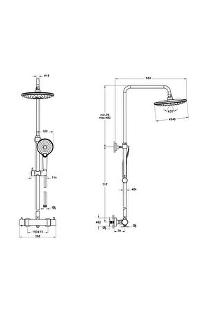 VitrA Aquaheat Bliss 240 2f Termostatik Duş Sistemi, Krom A47205