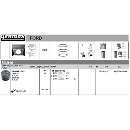 Ford Motor Piston Segman  (89,91mm)/ (std, 0,20 Kisa) Transıt V347 Jumbo 3,2tdci 200ps 2006 /> Amerika Ur - Yenmak 36-03462-001